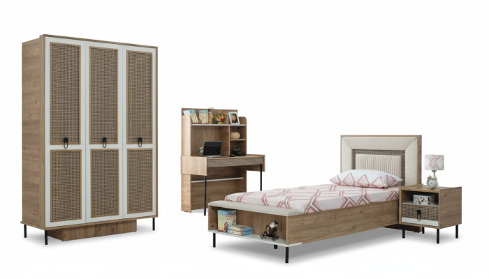 Kindermöbel Garnitur Kinderzimmer Bett Kinderbett Braun Holz Set 4tlg
