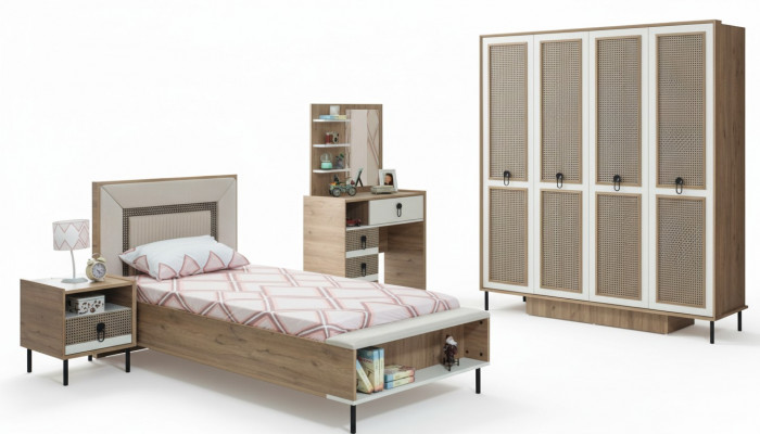 Garnitur Kinderzimmer Bett Kinderbett Kindermöbel Braun Holz Set 5tlg
