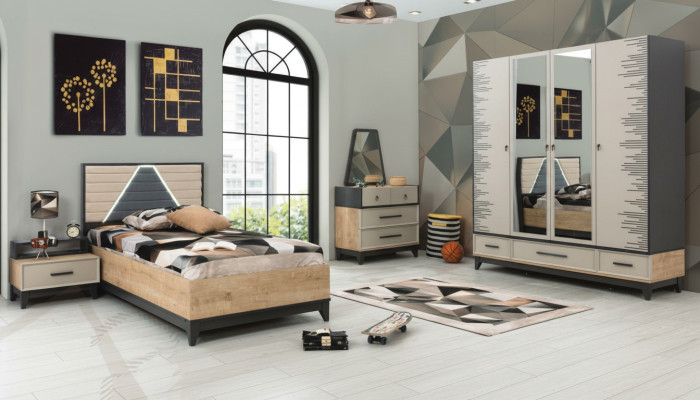 Garnitur Kinderzimmer Bett Schrank Braun Holz Set Jugenbett 5tlg Möbel