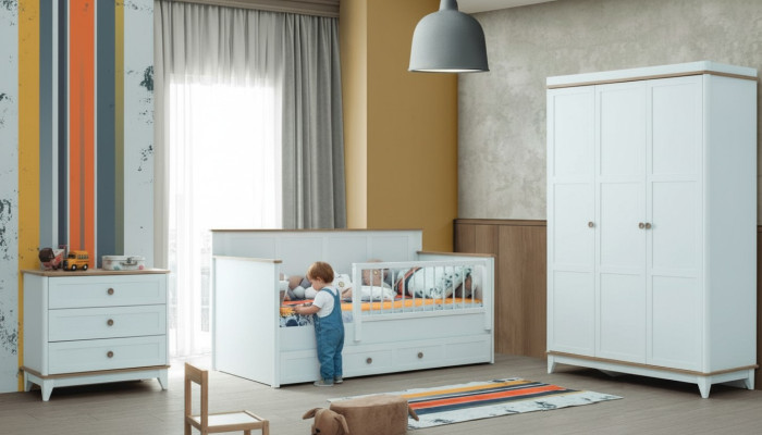 Kinderlaufstall Kinderbettchen Garnitur Bettchen Weiß Holz Set 3tlg