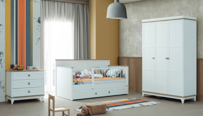 Kinderlaufstall Kinderbettchen Garnitur Bettchen Weiß Holz Set 3tlg