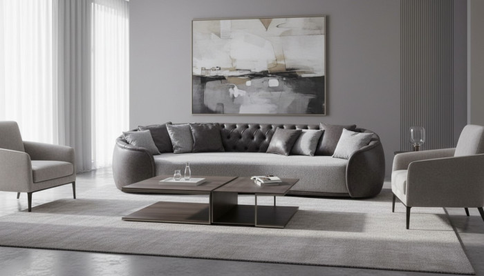 Viersitzer Chesterfield Sofa 4 Sitzer Grau Stoffsofa Stoff Polstersofa