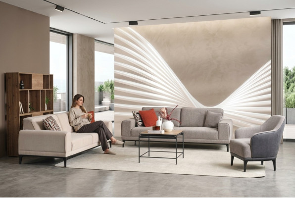 Sofagarnitur Dreisitzer Einsitzer Sessel Sofa Stoff Grau Stoffsofa Set 3+3+1