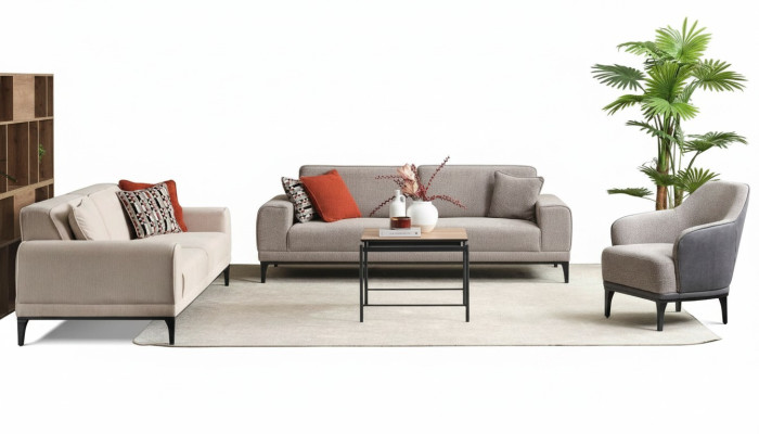 Sofagarnitur Dreisitzer Einsitzer Sessel Sofa Stoff Grau Stoffsofa Set 3+3+1