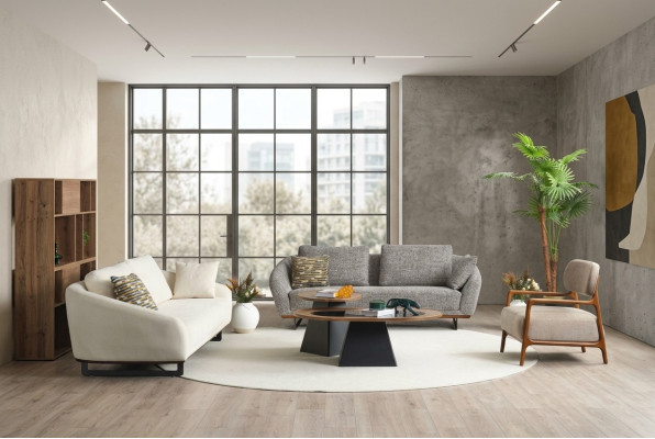 Couchgarnitur Dreisitzer Sessel Sofa Stoff Beige Stoffsofa Set Grau 3+3+1