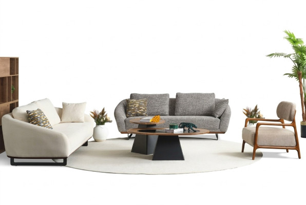 Couchgarnitur Dreisitzer Sessel Sofa Stoff Beige Stoffsofa Set Grau 3+3+1
