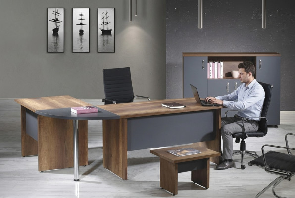 Büro Computermöbel Arbeitstisch Büromöbel Tisch 3tlg Holz Set Grau