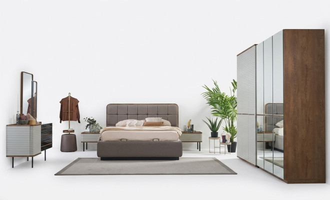 Moderne Schlafzimmer Set 7tlg Doppelbett Komplette Braun Holz Bett