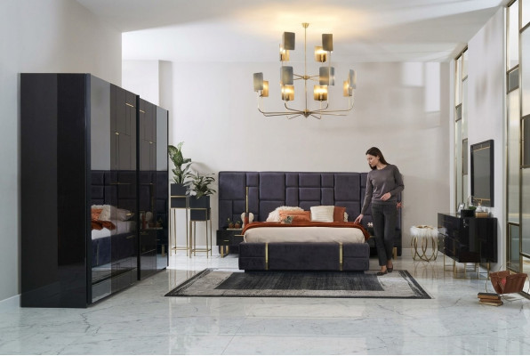 Luxus Doppelbett Bettrahmen Schlafzimmer Holz Set 6tlg Schwarz Design