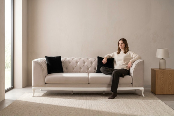 Wohnzimmer Stoffsofa Dreisitzer Chesterfield Couch Sofa 3 Sitzer Beige Stoff
