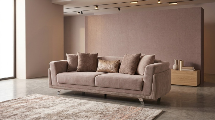 Dreisitzer Couch mit Bettfunktion Sofa 3 Sitzer Beige Stoff Stoffsofa