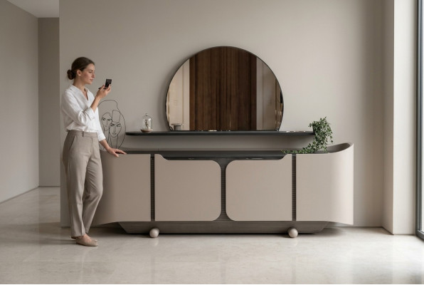 Sideboard Anrichte Kommode mit Spiegel Schrank Holz Beige Modern Set