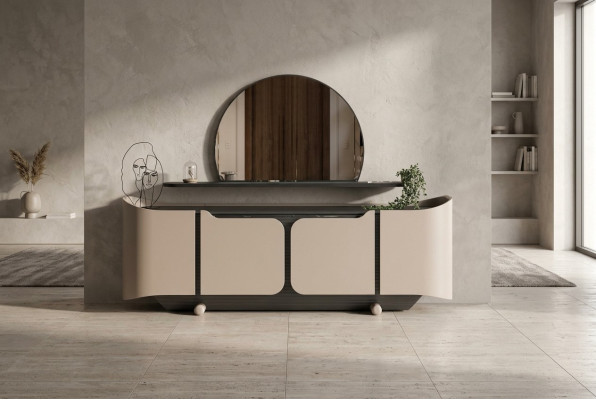 Sideboard Anrichte Kommode mit Spiegel Schrank Holz Beige Modern Set