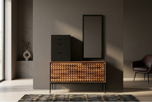 Schlafzimmer Kommode mit Spiegel Braun Holz Anbauschrank Kommoden Set