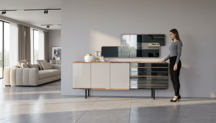 Weiß Anrichte Sideboard mit Spiegel Kommode Schrank Holz Esszimmer