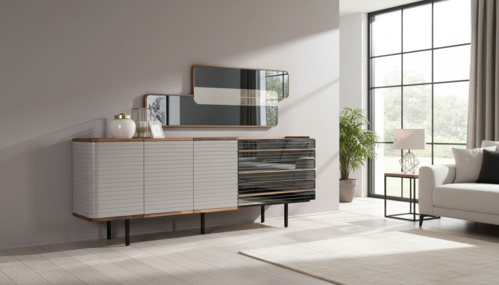 Weiß Anrichte Sideboard mit Spiegel Kommode Schrank Holz Esszimmer