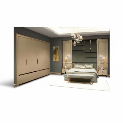 Gruppe Schlafzimmermöbel Doppelbett Bett Beige Modern Set 5tlg Holz