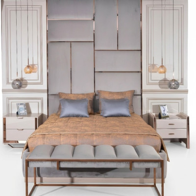 Luxus Garnitur Schlafzimmer Doppelbett Bett Nachttische Set 5tlg Beige