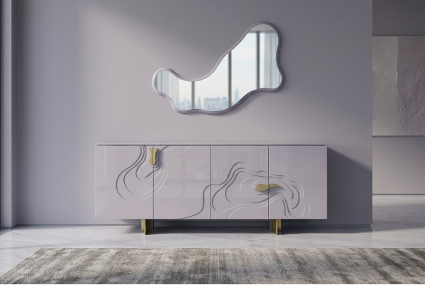 Anrichte Garnitur Sideboard mit Spiegel Schrank Holz Rosa Esszimmer