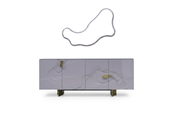 Anrichte Garnitur Sideboard mit Spiegel Schrank Holz Rosa Esszimmer