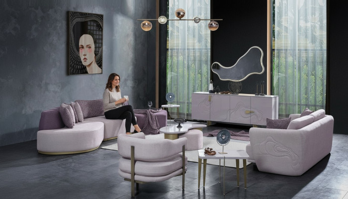 Sofagarnitur Große Wohnlandschaft Rosa Stoffsofas Modern Set 7tlg