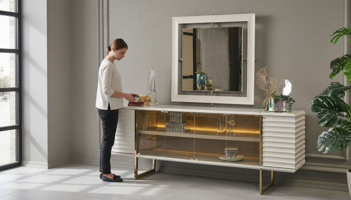 Anrichte Garnitur Sideboard mit Spiegel Esszimmer Holz Beige Kommode
