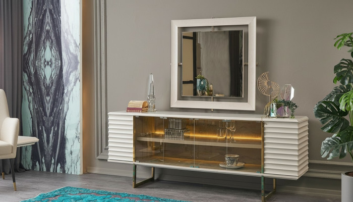 Anrichte Garnitur Sideboard mit Spiegel Esszimmer Holz Beige Kommode