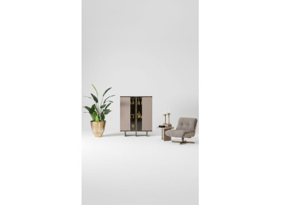 Barschrank Gruppe Vitrine Sessel Holz Beige Schrank Wohnzimmer 2tlg