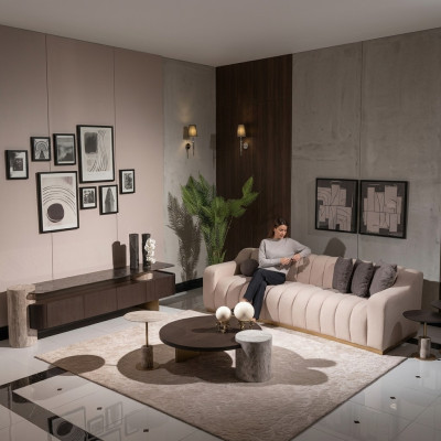 Luxus Komplette Wohnzimmer Sofa Beistelltische 6tlg Stoff Beige Holz