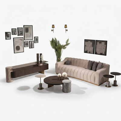 Luxus Komplette Wohnzimmer Sofa Beistelltische 6tlg Stoff Beige Holz