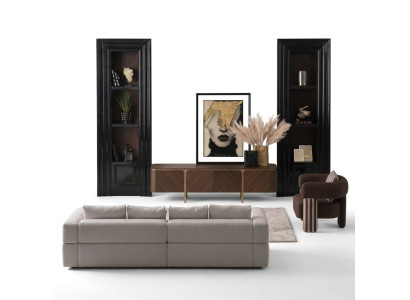 Garnitur Ecksofa Sessel Stoffsofa RTV Lowboard Beige Modern 3tlg Set