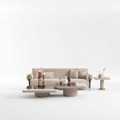 Garnitur Wohnzimmer Sofa 3 Sitzer Stoffsofa Beige Couchtische 4tlg