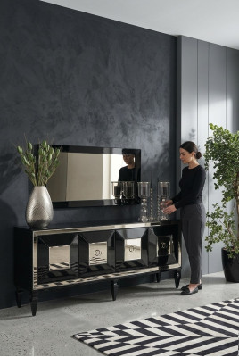 Komplette Sideboard Anrichte Schrank Spiegel Set Schwarz Holz Luxus