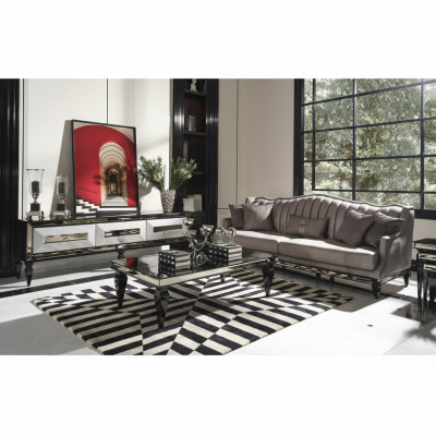 Garnitur Sofa 4 Sitzer Stoffsofa Couchtisch Grau TV Ständer Set 3tlg