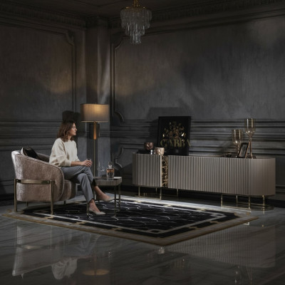 Gruppe Sessel Wohnzimmer Beistelltisch Beige Stoff TV Ständer Set 3tlg