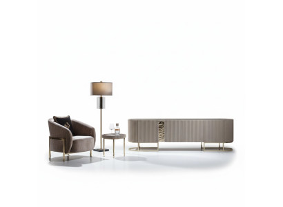 Gruppe Sessel Wohnzimmer Beistelltisch Beige Stoff TV Ständer Set 3tlg
