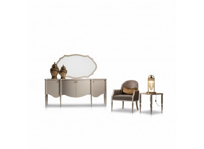 Wohnzimmer Garnitur 4tlg Sessel Beistelltisch Sideboard Spiegel Beige