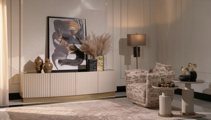 Wohnzimmer Komplette Sessel Sideboard Beistelltische Set 4tlg Beige