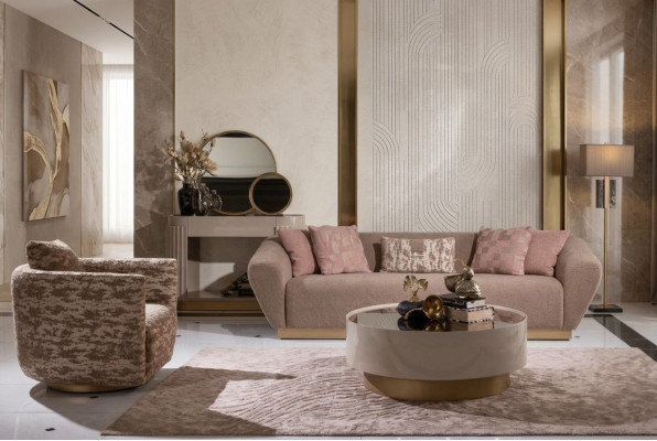 Stoffsofa Garnitur Sofa 3 Sitzer Sessel Couchtisch Beige Stoff 3tlg