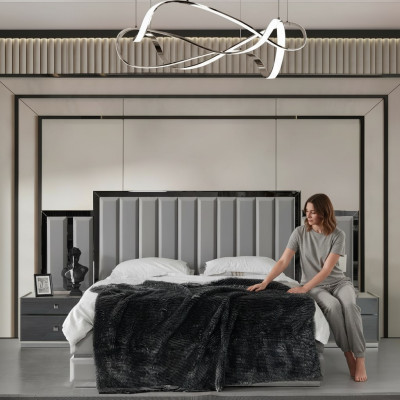 Garnitur Schlafzimmer Doppelbett Bett Nachttische 3tlg Grau Schrank