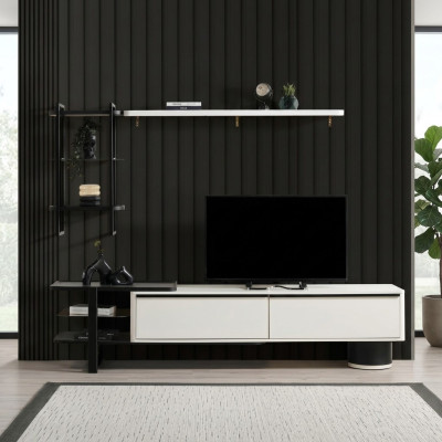 Wohnzimmer RTV Lowboard TV Ständer Schrank Holz Weiß Regale Wohnwand