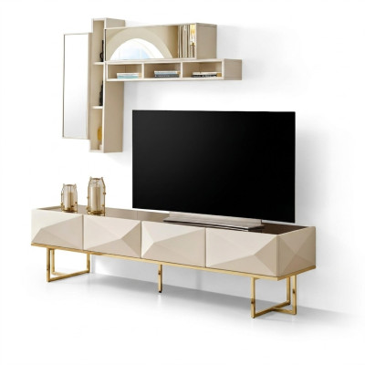 Sideboard RTV Lowboard Wohnwand TV Ständer Schrank Holz Beige Regale