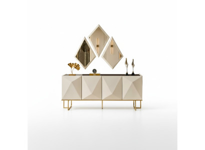 Garnitur Sideboard mit Spiegel Schrank Anrichte Beige Kommode Holz Set