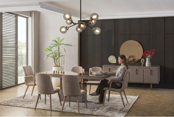 Luxus Essecke Esszimmer Esstisch Essgruppe Stühle Grau Holz Set 9tlg