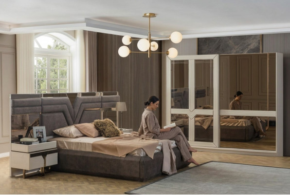 Garnitur Schlafzimmer Doppelbett Bett Nachttische 4tlg Grau Schrank