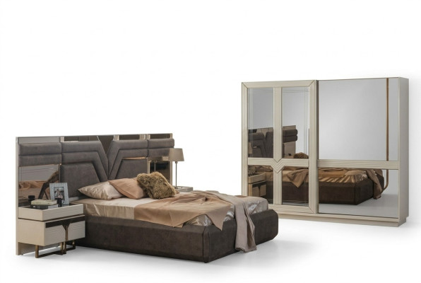 Garnitur Schlafzimmer Doppelbett Bett Nachttische 4tlg Grau Schrank