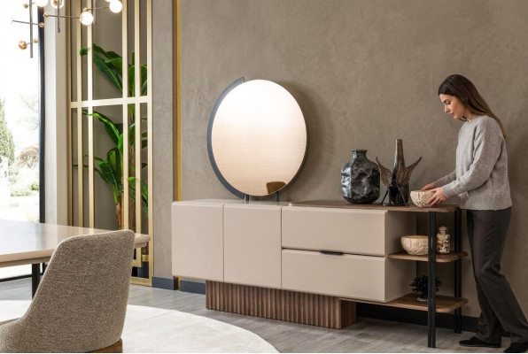 Garnitur Sideboard mit Spiegel Beige Holzschrank Schrank Holz Design