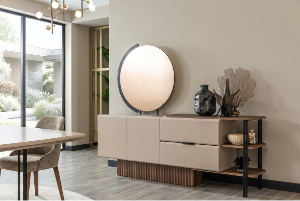 Garnitur Sideboard mit Spiegel Beige Holzschrank Schrank Holz Design