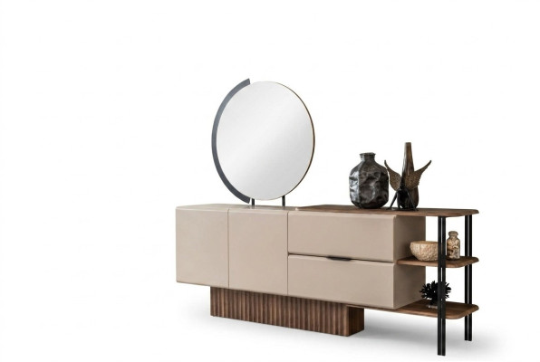 Garnitur Sideboard mit Spiegel Beige Holzschrank Schrank Holz Design