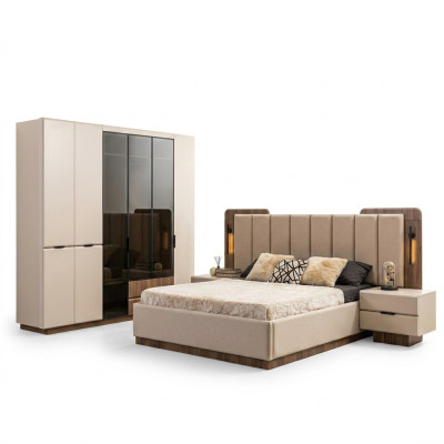 Luxus Doppelbett Garnitur Schlafzimmer Nachttische 4tlg Beige Schrank